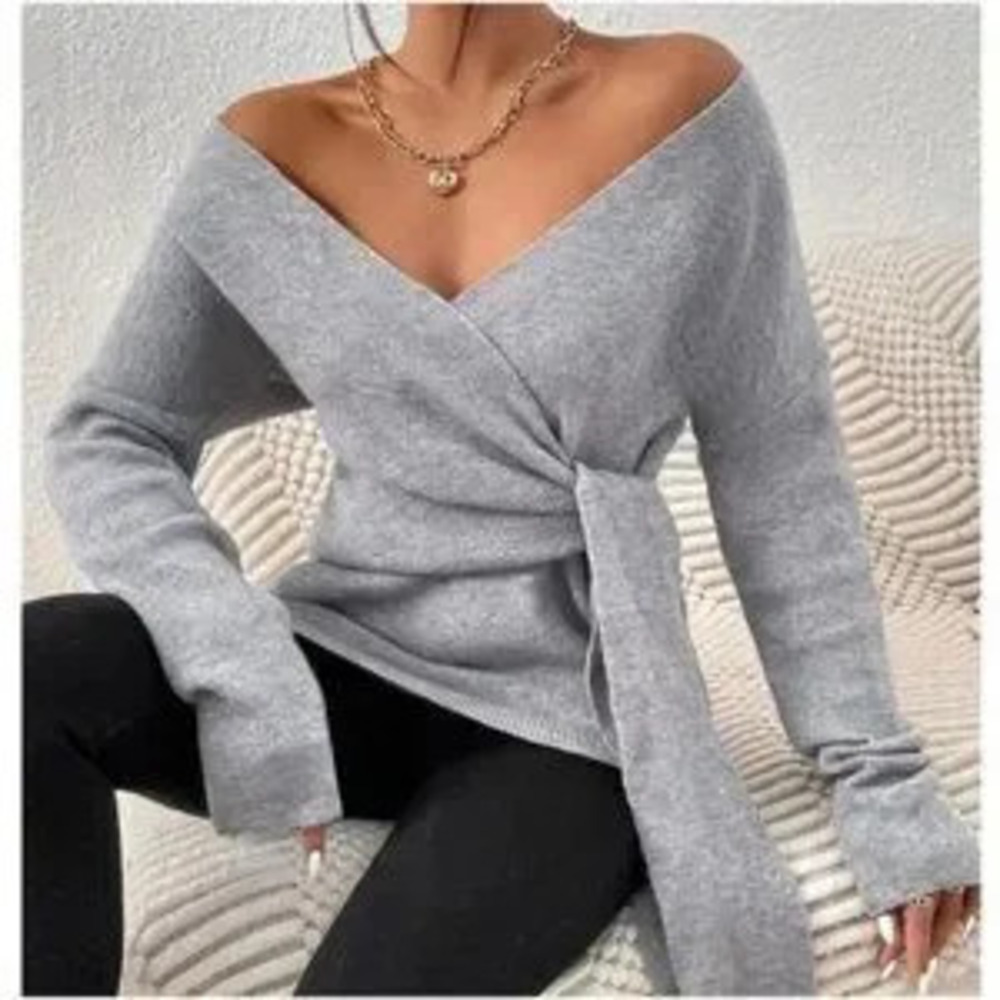 Cozy Gray Side Knot Sweater Top minimalist casual womens